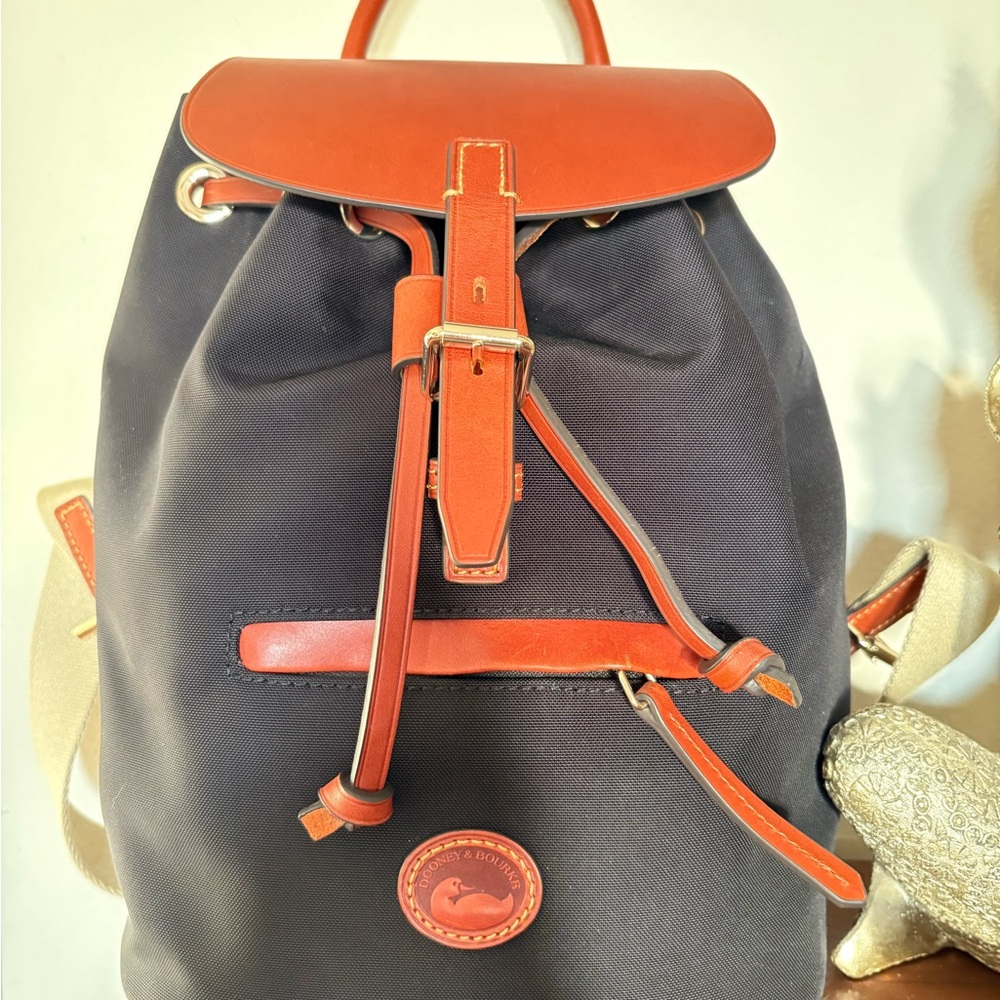 Dooney & Bourke Navy and Tan Leather Trim Drawstring Backpack - Picture 6 of 8